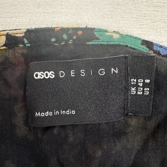 Asos‎ Long Sleeve Mini Wrap Dress Size 8 Black Ditsy Floral V Neck Puff Sleeves - Picture 7 of 13